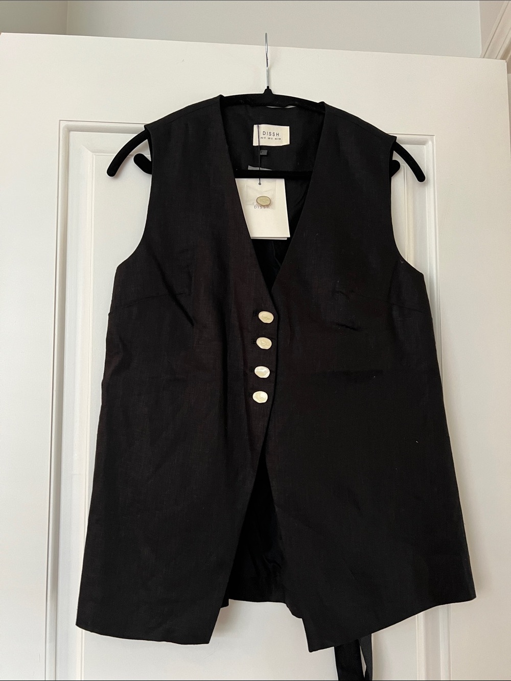 DIISH 100% Linen Black Sleeveless Vest with Button Closure and tie option.